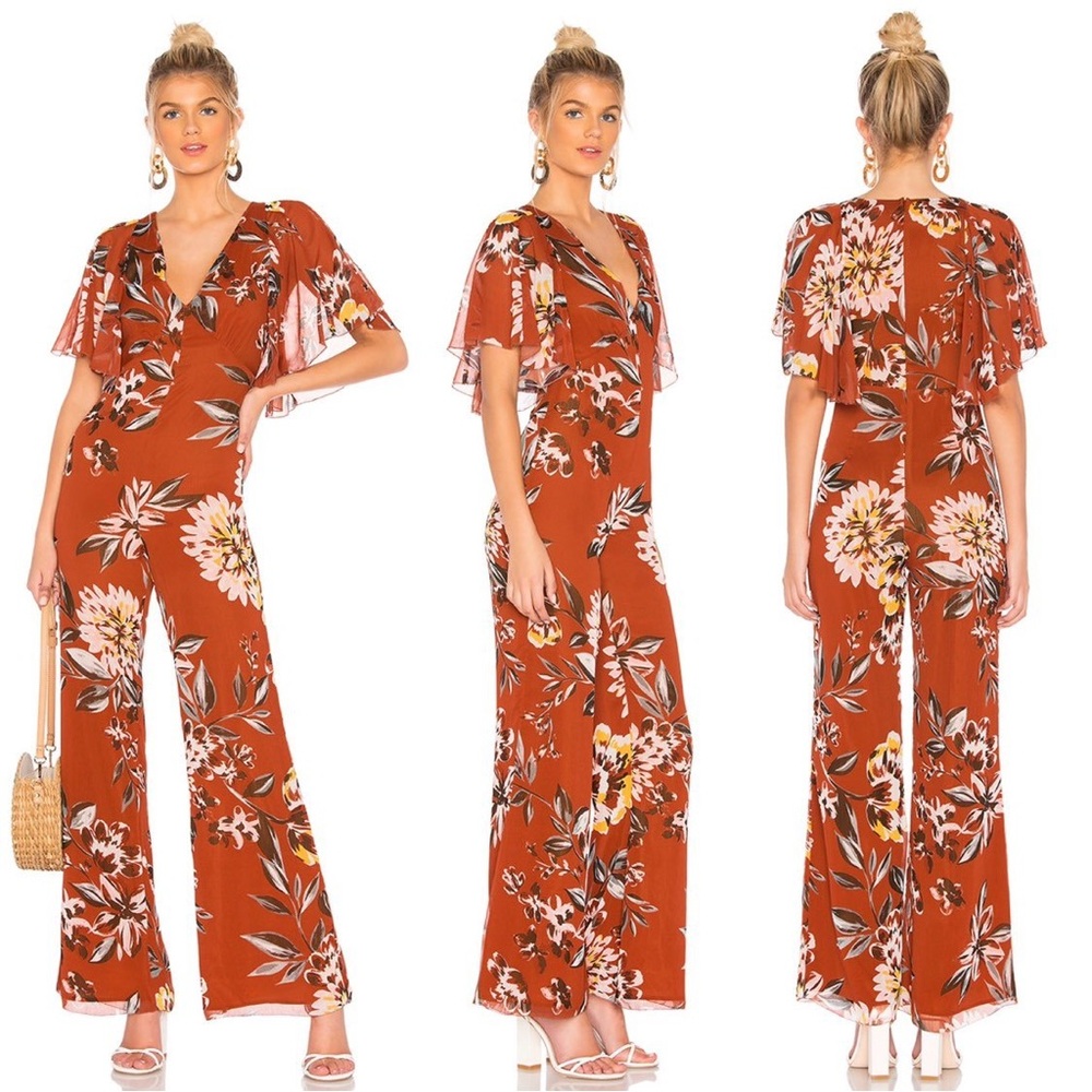 Tularosa Rust Orange Floral Wide Leg Jumpsuit Flutter Sleeve V-Neck Size L NEW